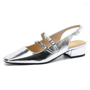 Elbise Ayakkabı Kadın Slingbacks Pompalar Deri Tek İlkbahar Yaz Sonbahar Orta Topuk Gümüş Pembe Sandalet Bayanlar Tekne Artı Boyut 32-43