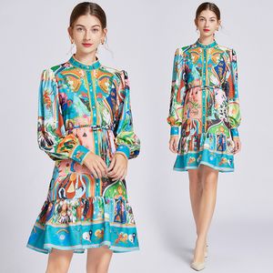 Vintage Print Blue Mini Dress Fall Winter Woman Designer Long Sleeve Stand Collar Lace Up Elegant Fit Flare Dresses 2023 Vacation Party Chic Slim Runway Ruffle Frocks