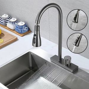 Kitchen Faucets Waterfall Sink Faucet Cold Mixer Wash Basin Multiple Water Outlets Rotation Flying Rain Tap Single Hole Black Grey 231030