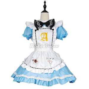 Mavi Poker Baskı Maid Cosplay Costume Anime Cadılar Bayramı Kızları Alice Elbise Money Giyeri + Önlük Takım Elbise rol oynuyor