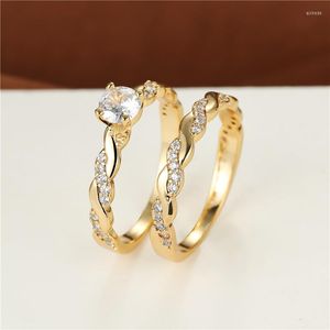 Anéis de casamento White Zircon Bridal Ring Set Charm Gold Color Engagement Desets