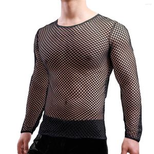 Fanilekler Erkek Şeffaf Seksi Mesh Tişörtleri Fishnet Uzun Kollu Kas Gece Kulübü Partisi Tees Tees Giysileri