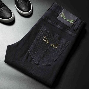 Son Yüksek Baskılı Kot Erkek Sonbahar Moda Damgalama Trendi Gri Siyah Scratch Fit Pantolon