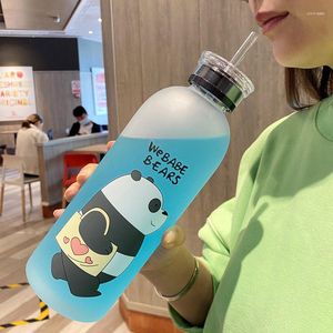 Su Şişeleri 1000ml Panda Bear Saman Kupası Şeffaf Buzlu Sevimli Karikatür Şişesi İçecek Sarkan Shaker Botella De Agua