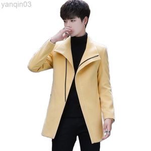 Ternos masculinos Blazers Pure Color Men Wool Trenchcoat 2020 Inverno Novo macho casual Jackets Fashion Slope Unique Zipper Clothing L220902