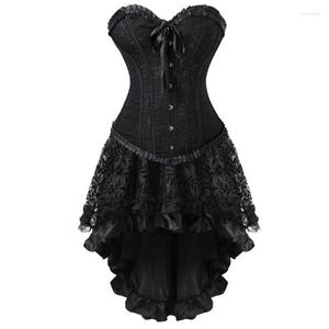 Sıradan Elbiseler Steampunk korse elbise 2 adet set kostüm cosplay gotik punk kuşak yüksek korsan dantel vintage Victoria Party Club