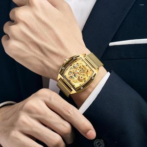 Нарученные часы Swish военная пустота Skelton Mechanical Mensie Watch Plock Gold Square Case Japan Movt Relogio Masculino Glass Back Whiswatch