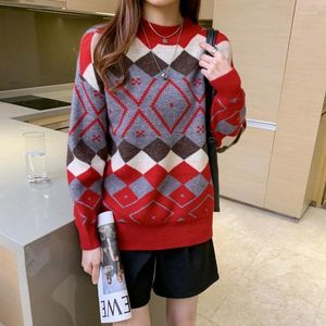 Kadın Sweaters Kadın Kırmızı Argyle Örme Sökü Kadınlar O yaka gevşek Kazanmalar Sonbahar Kış Moda Sıcak Uzun Kollu Leisure