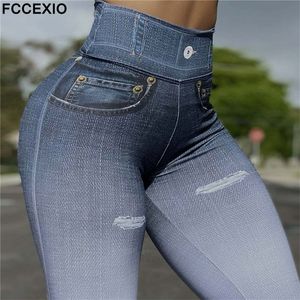 Женские леггинсы Fccexio Rupped Jeans 3D Print Women Women Push Up Sports Sportm Slim Слугнутые брюки Фитнес Сексуальные леггинги 220906