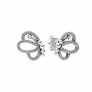 Sparkling Openwork Butterfly Searring Женщины девочки настоящий серебряный серебряный серебряный подарки, украшения, оригинальный набор для сережков Pandora CZ Diamond Setrings