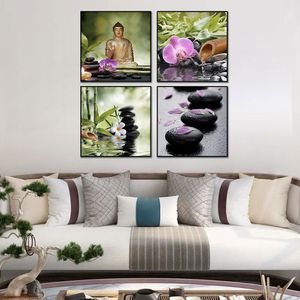КАНВАСКАЯ живопись Аннотация Будда бамбуковая цветочная вода плакаты и принты стены искусство абстрактное изображение для гостиной дома украшение