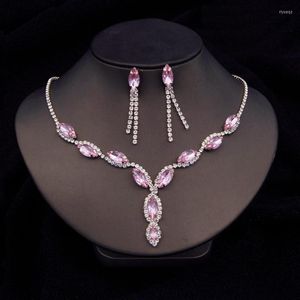 Kolye Küpe Seti Kostüm Pembe Kristal Gelin Rhinestone Gelin Düğün Acessions Charm Sets Kadın Moda