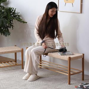 Giyim Depolama Nordic Beyaz Meşe Masif Ahşap Halat Dokuma Ayakkabı Değiştiren Japon tarzı Basit Yatak Sonu Yemek Masası Günlük Tezgah Kombinatio
