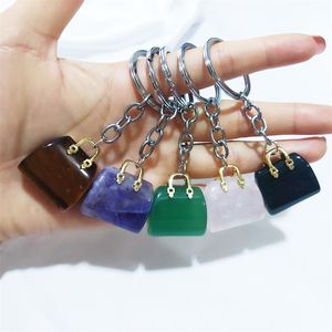 Kadın çanta şekilli takılar anahtarlıklar doğal iyileştirici kristal ametist gül kuvars değerli taş kolye anahtar yüzükler hediye mücevher yapımı için toptan