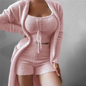 Kadın Pijama Sonbahar Kış 3 Parça Kabarık Kıyafetler Peluş Seksi Backless Polar Pijama Kadın Rahat Spor Kazak Ev Giyim Setleri