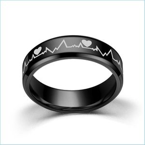 Bant Yüzük Kişiselleştirilmiş Paslanmaz Çelik Bant Halkaları Yüksek Parlatma Siyah Kalp Atışı EKG Tasarım Erkekler için Düğün Hediyeleri 5-12 113 Vipjewel Dhjzy