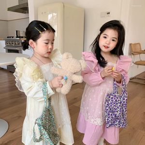 Kız Elbiseler Mila Chou 2022 Bahar Bebek Kızlar Pamuk Uzun Kollu Prenses Elbise Çocukların Sevimli Lolita Dantel Kare Yaka Çocuk Giysileri