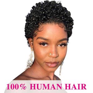 Sentetik Peruklar Kısa Kıvırcık İnsan Saç Perukları Pixie Cut Brezilyalı Remy Kısa Peruk İnsan Saç Doğal Siyah Kadın için% 180 Yoğunluk Sapıkça Kıvırcık Peruk T220907