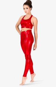 Parlak metalik lycar spandex catsuit kostümler üstler kolsuz kepçe boyun çılgın festival tankları üstleri kısa yelek akşam parti için seksi pantolon