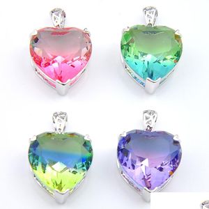 Colares pendentes por atacado 12 PCs arco -íris Love Heart Tourmaline Gem 925 Platinum feminino colar
