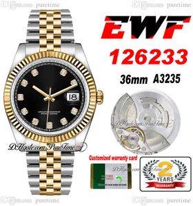 EWF Just 126233 A3235 Orologio automatico unisex Mens Ladies 36 Two Tone Yellow Gold Black Diamonds Quadrante JubileeBracciale in acciaio Super Edition Same Series Card Puretime E5