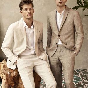 Мужские костюмы Blazers Summer Beige Light Brown Linen Mens Suits Beach Wedding Prom Tuxedos Groom носит последний дизайн Blazer Men Suits Suits Made 220909