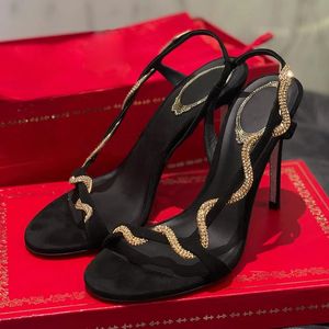 Rene Caovilla Rhinestone Serpantin Sargı Siyah Yüksek Topraklı Sandalet Anti Velvet Zarif Seksi Moda Lüks Tasarımcı 9.5cm Kadın Yüksek Topuklu Ziyafet Partisi Ayakkabıları