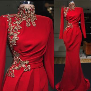 2022 Prom Dresses Mermaid High Neck Arabic Red Sexy Long Sleeves Gold Lace Crystal Beads Evening Dress Formal Party Second Reception Gowns