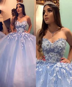 Açık mavi 2023 quinceanera elbiseler 3d çiçek dantel aplike korse arka sevgilim yaka özel yapım tatlı 16 prenses doğum günü partisi balo vestidos