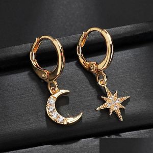 Stud Fashion Woman Küpeler 18K Gold Moon ve Star Dangle Charms Toka Hoop Küpe Lüks Takı Aksesuarları Kız Wome Vipjewel Dhtyp