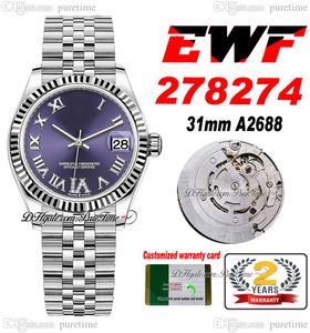 EWF 31 мм 278274 ETA A2688 Автоматические женские смотриные смотрящие на рифленую безумную пурпурную циферблат VI Diamond Marker