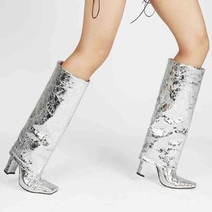 Boots European and American Style Thick Heeled Folding High Boots Without Laces Silver Boots Large Size Women's Shoes in Winter 220913