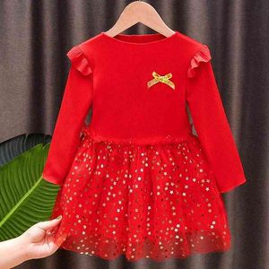 Kız Çocukları Noel Yeni Yıl Elbiseleri Tam Kollu Sevimli Yıldız Kırmızı Pembe Prenses Örme Elbise 2 3 4 5 6 6 Yıl Doğum Günü 0913