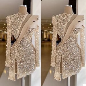 Champagne Evening Dresses Luxury Sequins Beads High Neck Long Sleeves Prom Dress Formal Party Gowns Custom Made Knee Length Robe de mariee