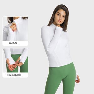 L-206 Yarım Zip Kırpılmış Tişörtü Kadın Yoga Üstleri Slim Fit Uzun Kollu Gömlek Bel Uzunluğu Spor Ceket Yumuşak ve Sıcak Spor Ceket Moda Stand-up Boyun Hoodies Tee