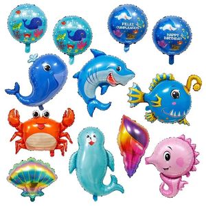 Yeni stil okyanus tema partisi dekore edilmiş sahne balonları şişme deniz hayvanları mühür yengeç köpekbalığı kabuğu balina balığı alüminyum folyo balon doğum günü dekorasyon
