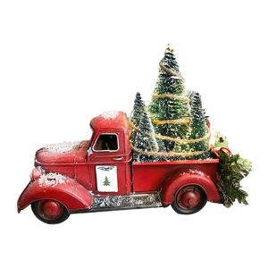 Decorazioni natalizie Giocattolo camion rosso vintage con mini alberi Ornamento per auto Vecchio modello pickup in metallo per arredamento 220914