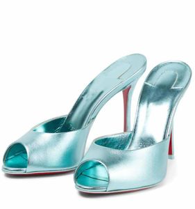 Lüks Paris Kadın Yüksek Topuk Sandal Slayt Pompaları Ayakkabı Me Dolly Metalik Deri Katırlar Gerçek Deri Yaz Pop Sandalet Terlik Katırları Flip Flop ile Kutu