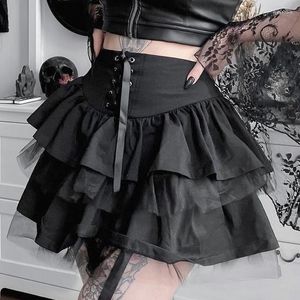 Юбки готические эмо черные плиссированные юбка женская торговый центр гот кружев