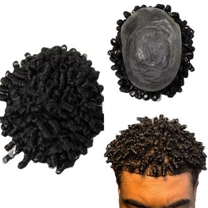 Capelli umani naturali al 100% 15mm Afro Kinky Curl Toupee Perdita di capelli Bobine Parrucca riccia maschile Pizzo traspirante Base Pu Toupee per uomini neri consegna gratuita