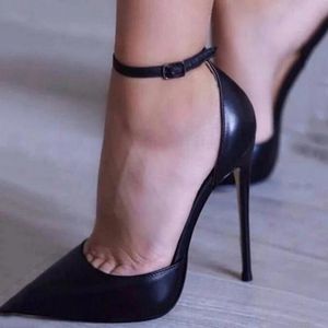 Ayak bileği kayış kırmızı dip ayakkabıları kadınlar d'Orsay sivri ayak parmağı stiletto pompalar bayanlar katı elbise yüksek topuk ayakkabı 12cm 10cm 8cm siyah beyaz içi boş ince topuk sandal