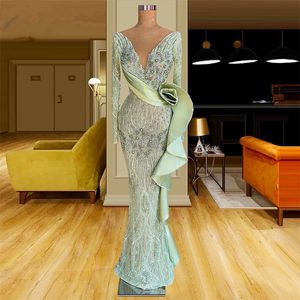 Nane Yeşil Ağır Boncuklu Prom Elbiseler Uzun Kollu Dantel Aplikler Parti Elbiseleri V Boyun Özel Yapımı Gece Elbise