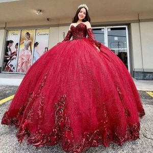 2022 Burgundy Quinceanera Elbiseler Balo Elbise koyu kırmızı payetli boncuklu Straplez Dantel Yukarı Prenses Sequins Giyim Tatlı 16 Vestido de 15 Anos Quinceanera