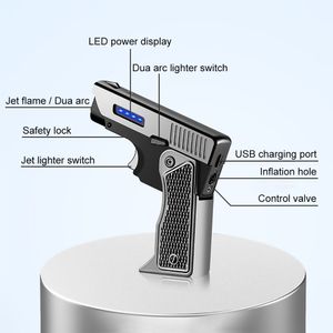 Unique Lighter Windproof Gas-Electric Plasma USB Rechargable Lighters Gift for Men Folding Gun Butane Torch Turbo Jet Flame Cigar Lighter