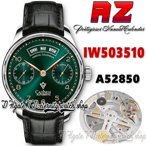 AZF AZ503510 Yıllık Takvim Güç Rezervi Mens A52850 Otomatik Yeşil Kadran Altın İşaretçiler Paslanmaz Kılıf Kahverengi Deri Kayış Süper Sürüm Sonsuzluk Saatleri