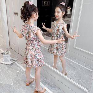 Kız Elbiseler Çocuk Giyim Kızları Küçük Çiçek 8 Elbise Yaz Prenses Şifon Çocuk Giysileri Boyut 2 ila 12 V yakalı