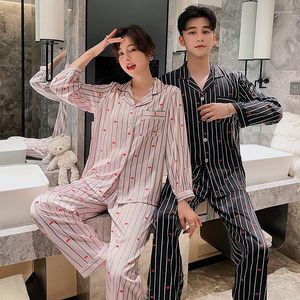 Erkekler Placowear Striped Full Sleeve Çift Sevgililer Sahte İpek 2pcs Pijama Takım Baskı Gündelik Ev Giysileri Gevşek Nightwear M-XXXL Pijama