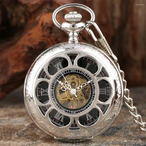 Cep Saatleri Klasik Gümüş Mekanik İzle İçi Boş Balkabağı Çiçek Roman Sayılar Dial Retro Fob Zincir Kolye Manuel Saat
