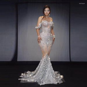 Stage Wear Sexy Flashing Silver Rhinestones Sparkly Dress Women's Birthday Prom Celebrate Outfit Bar Evening Women Dancer