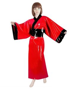 Catsuit kostümleri% 100 el yapımı geleneksel kimono cosplay seksi kadın kırmızı pvc faux laether plaethear ile siyah süslemeler süslemeler